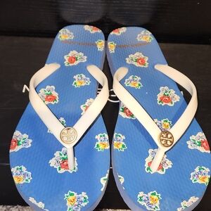 Tory Burch Blue Floral Flip Flops